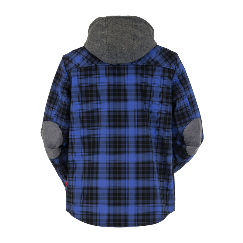 Rückansicht des Planam Outdoor Thermohemds mit Teddyfutter in Blau-Schwarz kariert, mit grauer Kapuze und Ellbogenbesatz
