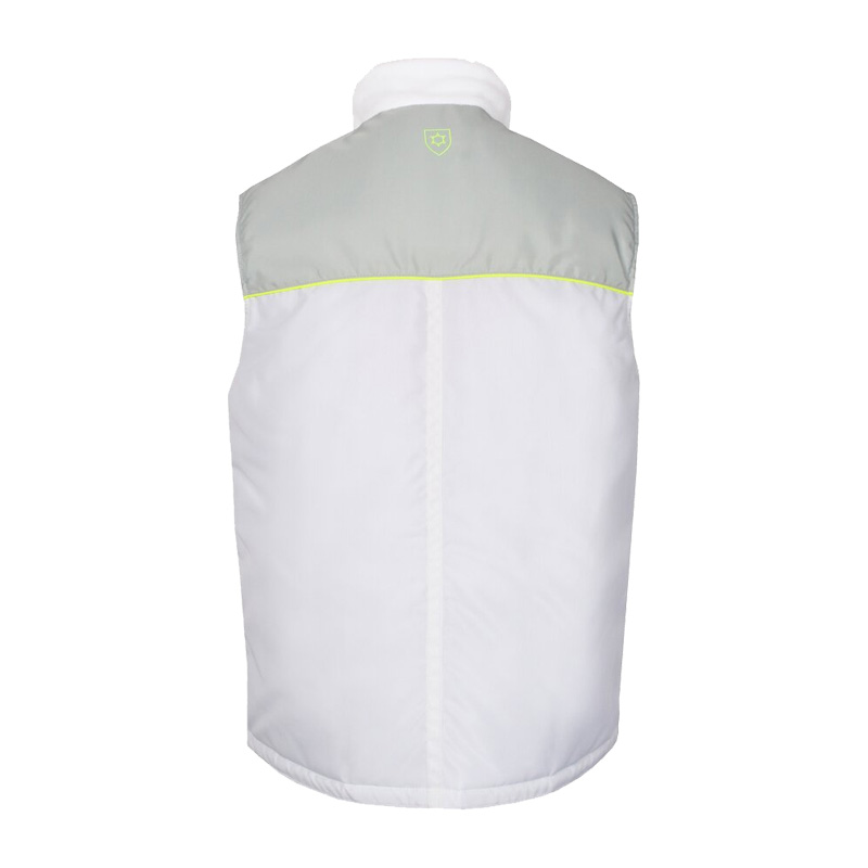 Rückenansicht der TEMPEX HYGIENE Kühlhaus Weste von HB Protective Wear, weiße Hygiene-Kälteschutzweste für Kühlhaus-Arbeitsplätze bei 0–10 °C, EN 342 zertifiziert