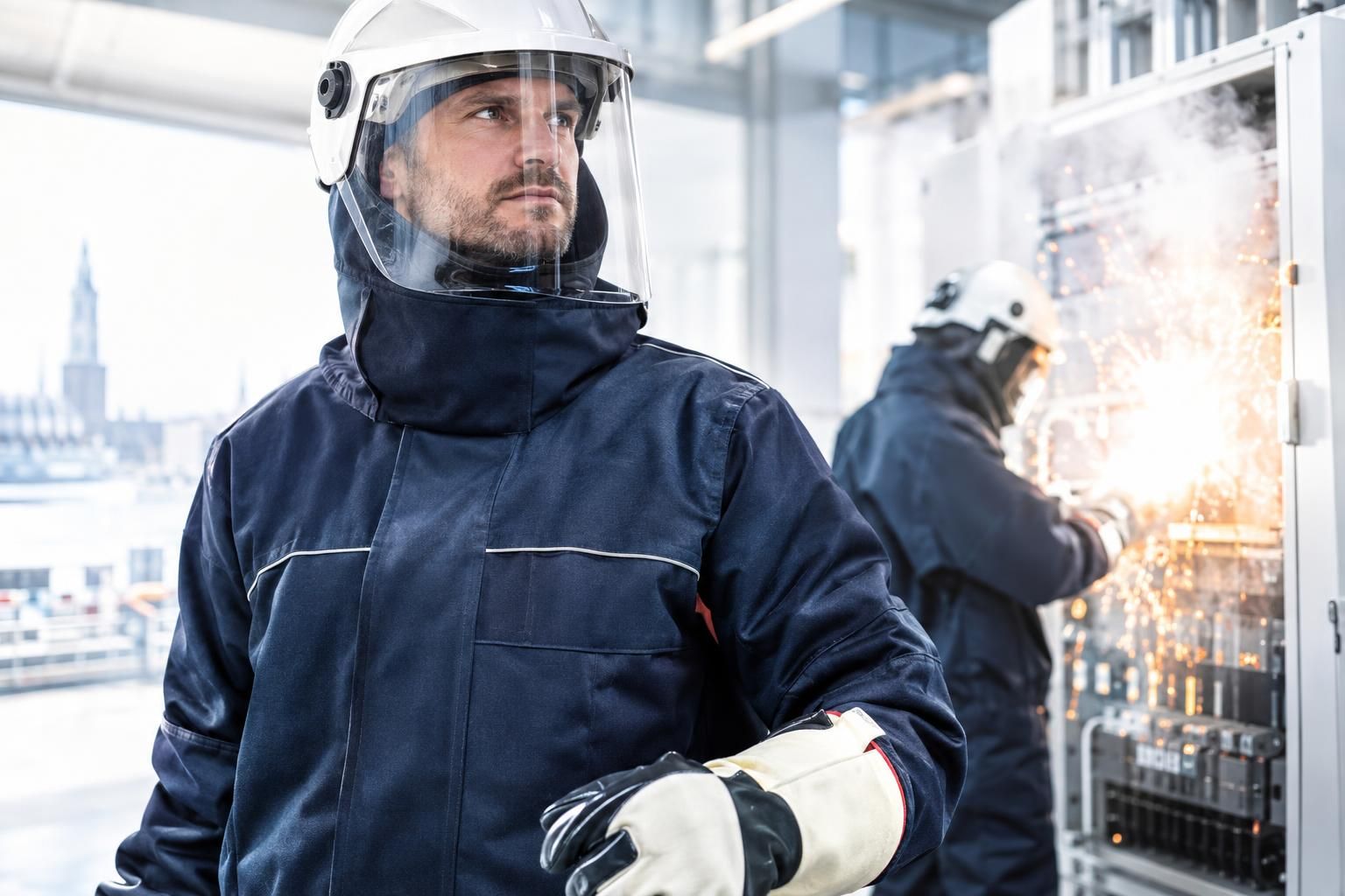Mann trägt Störlichtbogen-Schutzkleidung mit Visierhelm und Schutzhandschuhen vor einem funkenbildenden Schaltschrank in industrieller Umgebung