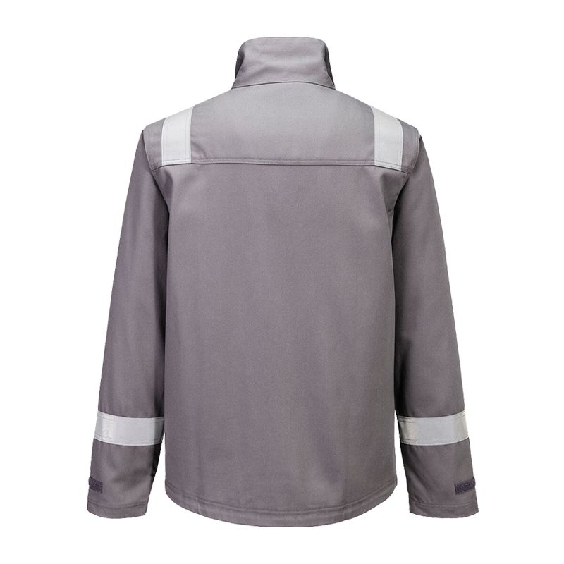 Rückansicht einer grauen PortWest Arbeitsjacke mit Stehkragen und Reflexstreifen an Schultern und Ärmeln