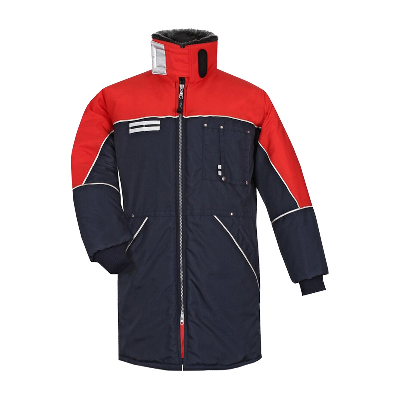 TEMPEX COMFORT Gefrierhaus Besuchermantel von HB Protective Wear, rot-dunkelblauer Kälteschutzmantel mit Stehkragen, Frontreißverschluss und Taschen für Kühlhaus, Logistik und Besucher bis -49 °C