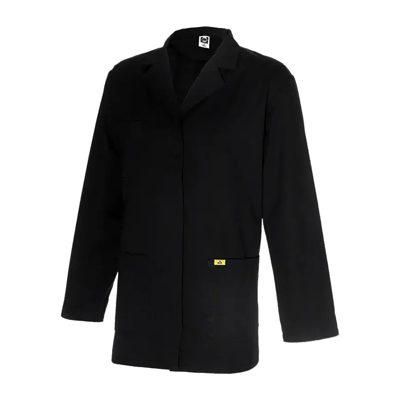 Schwarze Mimoza ESD Damen Jacke für Produktschutz in EPA-Bereichen 10⁵ bis 10⁸ nach EN 61340, langärmlig mit Reverskragen und Taschen