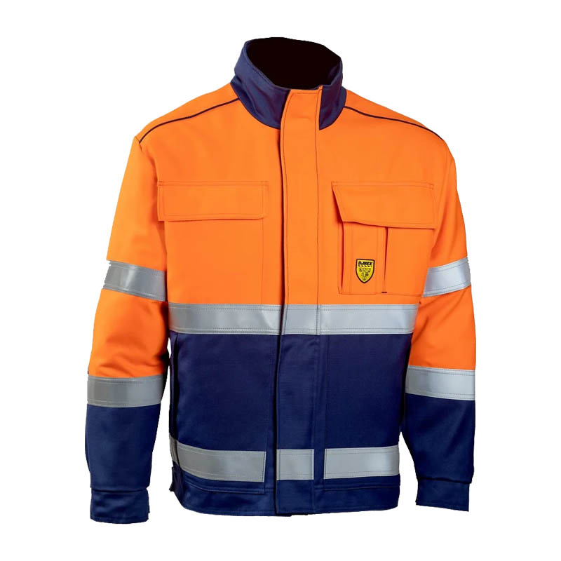 Orange-marineblaue Warnschutz-Arbeitsjacke mit hohem Kragen, Brusttaschen und umlaufenden Reflexstreifen