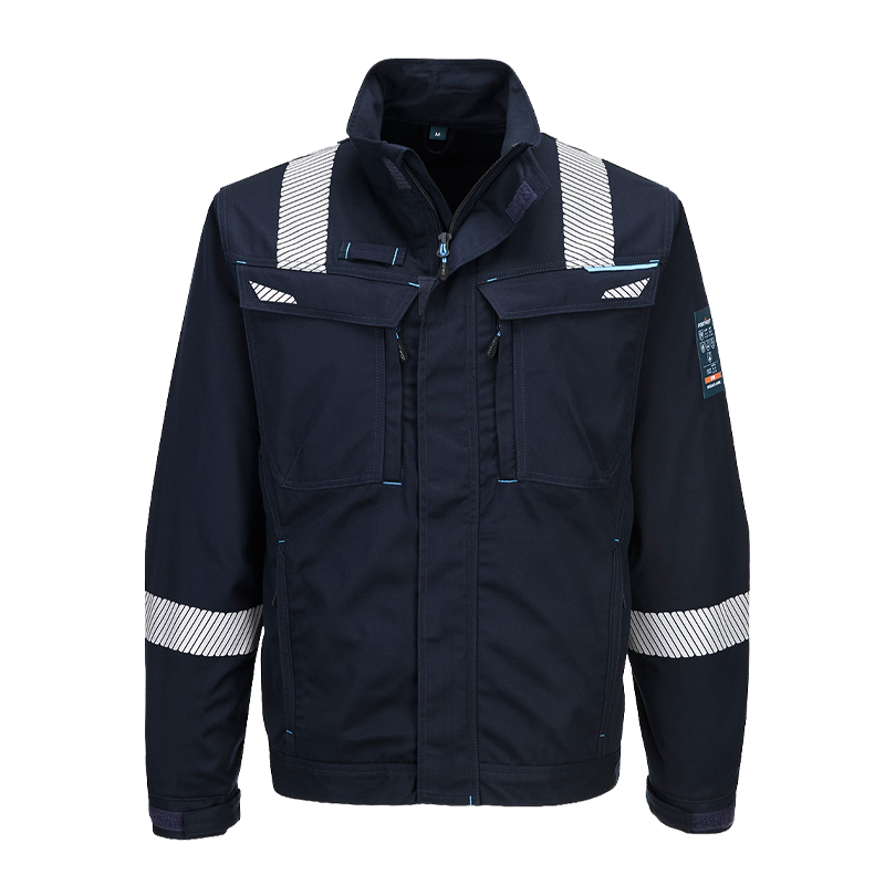 PortWest Arbeitsjacke in Dunkelblau mit reflektierenden Streifen an Schultern und Ärmeln, Stehkragen, Frontreißverschluss und praktischen Brusttaschen