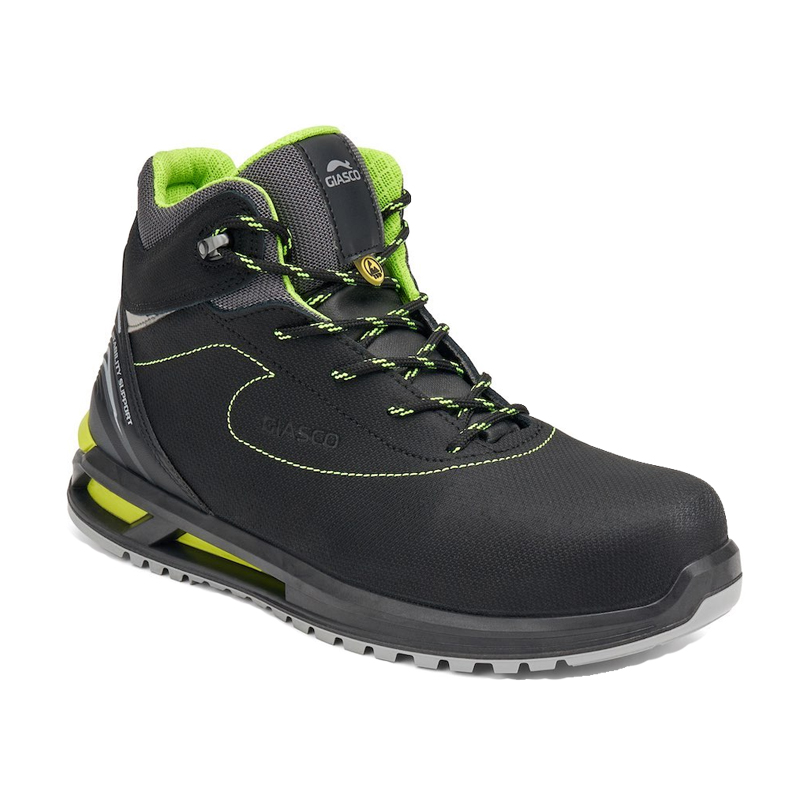 Giasco 3Hybrid ESD Bali S3L Sicherheitsstiefel in Schwarz-Grün, knöchelhoch, metallfrei, wasserabweisend und mit maximaler Dämpfung