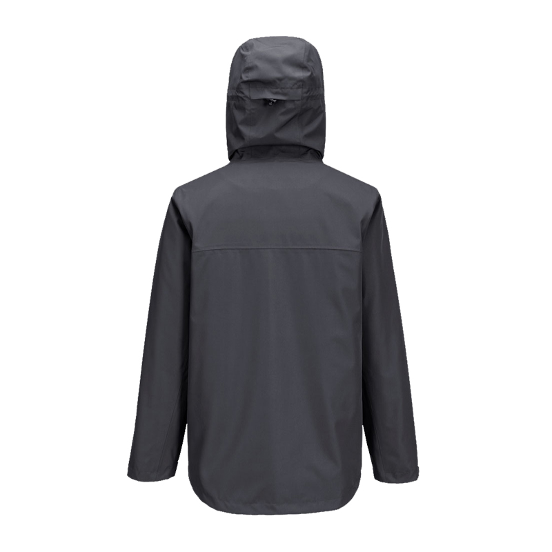 Rückansicht einer dunkelgrauen PortWest Jacke mit Kapuze, lange Ärmel, funktionale Outdoor- und Arbeitsjacke