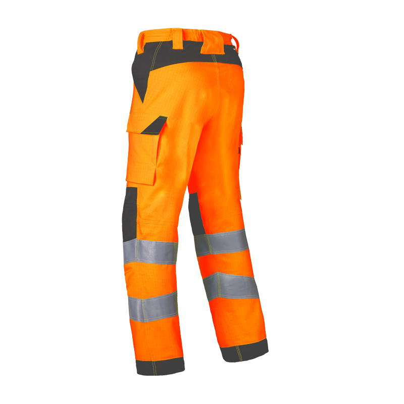 Rückansicht der HaVeP Multi Protector+ MultiNorm Warnschutz Bundhose Klasse 2 APC1 in Orange mit Reflexstreifen und seitlicher Beintasche