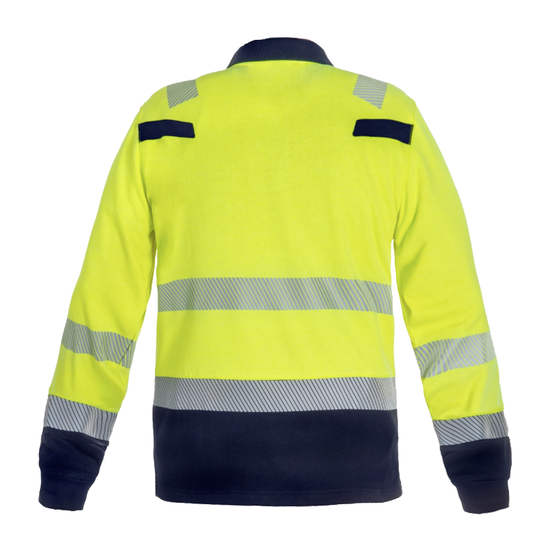 Rückenansicht eines HydroWear Warnschutz-Langarmshirts in Gelb und Marine mit umlaufenden Reflexstreifen und dunklen Bündchen.
