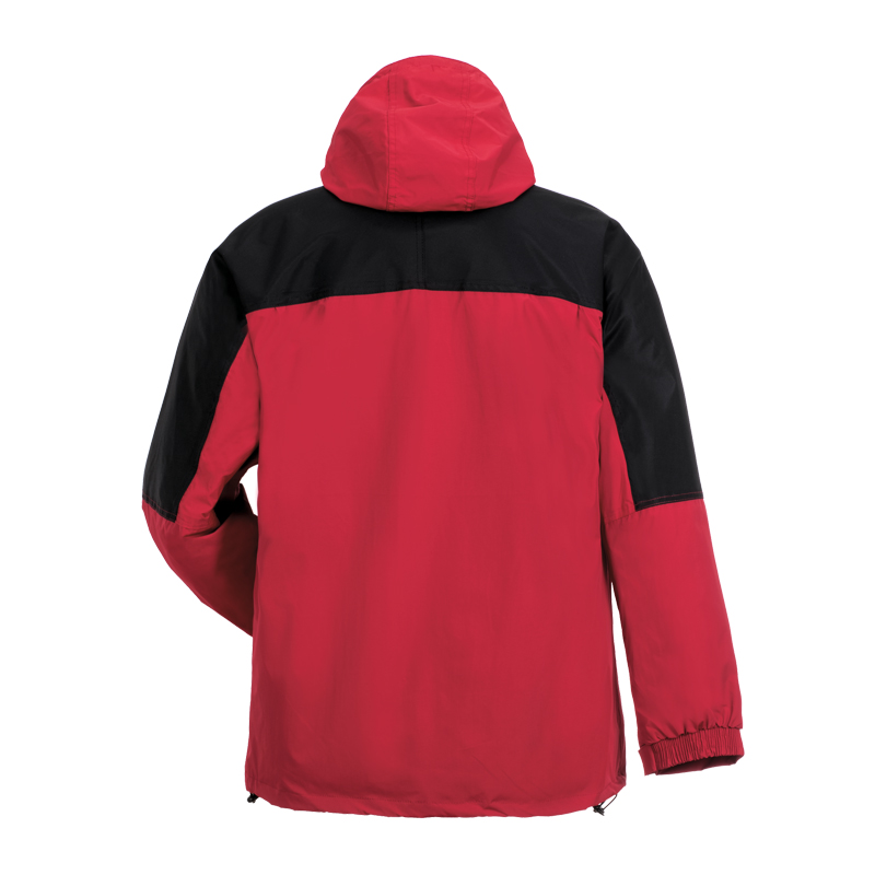 Rückansicht der Planam Redwood Jacke 2 in 1 mit Fleecejacke in Rot-Schwarz mit Kapuze, robuste Outdoor- und Arbeitsjacke von Planam