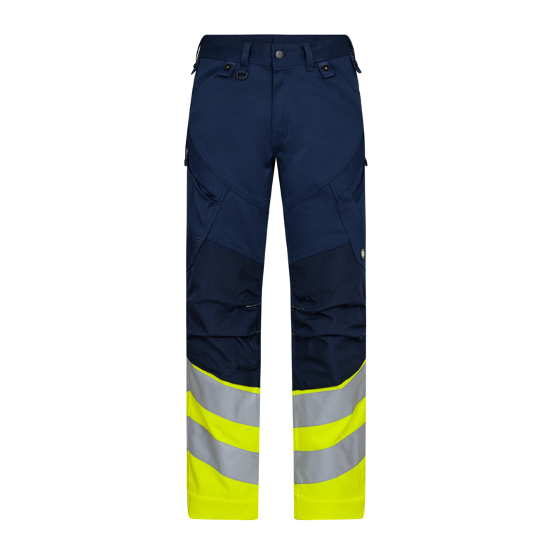 Frontansicht der ENGEL Safety Stretch Warnschutz Hose Klasse 1 2546-314 in Marineblau mit fluoreszierend gelben Beinabschlüssen und Reflexstreifen
