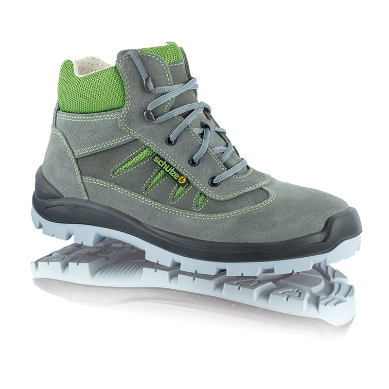 SCHÜTZE 1383 ESD S3L Sicherheitsstiefel mit Lederinnenfutter, graugrünes Veloursleder, sportlicher Arbeitsstiefel mit profilierter SOFT-STEP-PRO-Sohle und ESD-Schutz