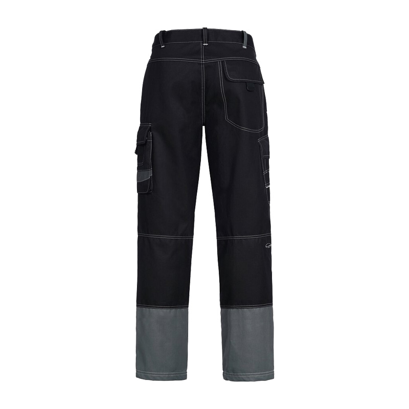 Rückansicht der HB MODarc MultiNorm Hose 4 kA + 7 kA | APC2 von HB Protective Wear in Schwarz mit grauen Beinabschlüssen und funktionalen Taschen
