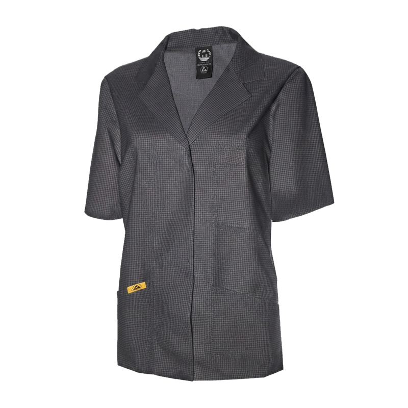 Graue karierte Mimoza ESD Damen Jacke mit kurzem Arm für EPA-Bereiche 10⁵ bis 10⁷ Ohm nach EN 61340