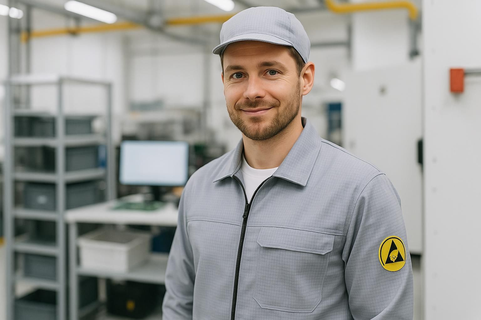 Porträt eines Mitarbeiters in grauer ESD-Arbeitsjacke mit ESD-Logo und Kappe in einer Elektronikfertigung