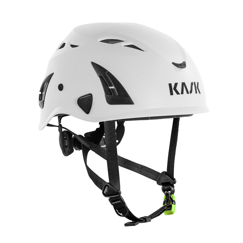 Kask KASK SUPERPLASMA PL Kletterhelm EN 12492 in Weiß, robuste Helmschale mit Belüftungsöffnungen und Kinnriemen, Seitenansicht