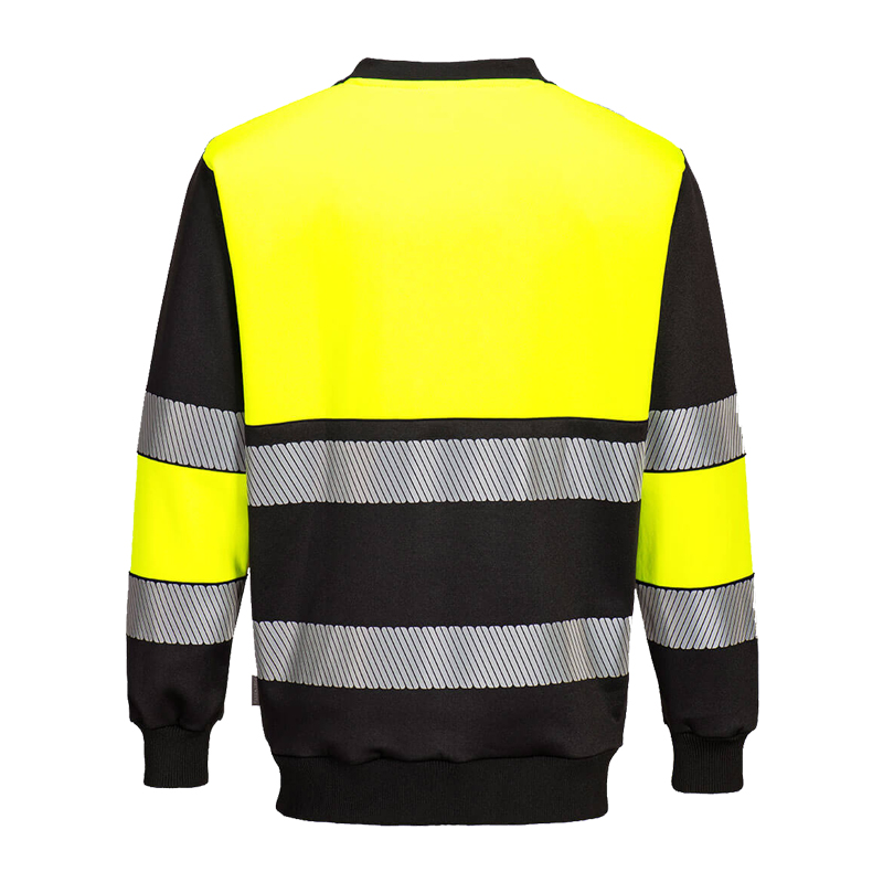 Rückansicht eines PortWest Warnschutz-Sweatshirts in Gelb und Schwarz mit breiten Reflexstreifen an Körper und Ärmeln