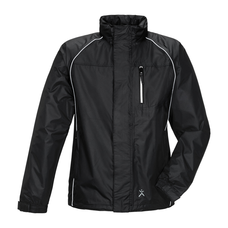 Schwarze Planam Monsun Regen Jacke, wasserdicht und atmungsaktiv, mit Stehkragen, Frontreißverschluss und Brusttasche