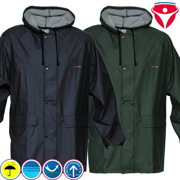 Zwei Herren Regenjacken mit Kapuze in Marineblau und Dunkelgrün, wasserdichte Outdoor-Jacken mit Druckknopfleiste und Fronttaschen