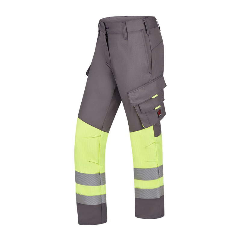 Rofa Multi-Light HI-VIS I 2605 MultiNorm Damen Hose 4 kA | APC1, graue Warnschutzhose mit gelben Beinpartien, Reflexstreifen und Seitentasche