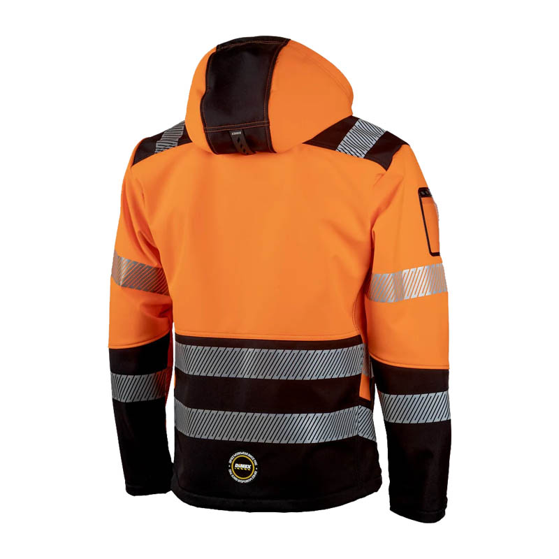 Rückansicht der Dimex 6099R Warnschutz SoftShell Jacke mit Kapuze, Klasse 2, in Orange-Schwarz mit Reflexstreifen