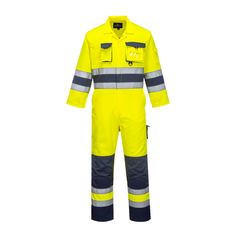 PortWest Warnschutz-Overall in leuchtendem Gelb mit silbernen Reflexstreifen, Brusttaschen und dunkelblauem Kontrastbesatz für hohe Sichtbarkeit bei der Arbeit