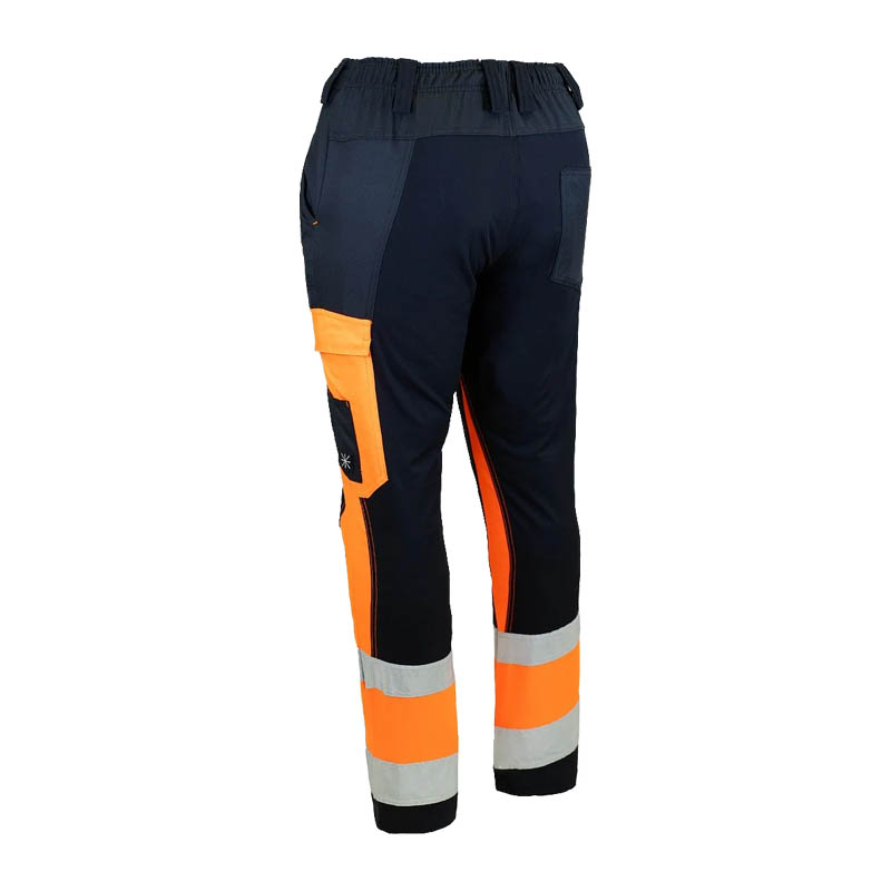 Rückansicht der Dimex 6063 Warnschutz SuperStretch Hose Klasse 1 in Orange und Dunkelblau mit Reflexstreifen, flexible und atmungsaktive Arbeitshose für hohe Sichtbarkeit