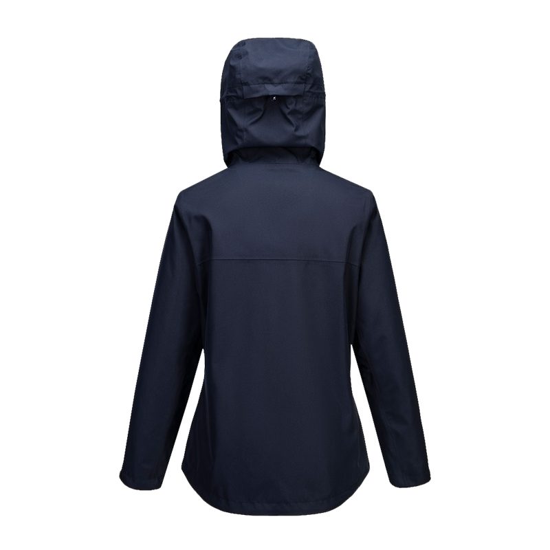 Rückansicht einer dunkelblauen PortWest Jacke mit Kapuze, funktionale Outdoor- und Arbeitsjacke