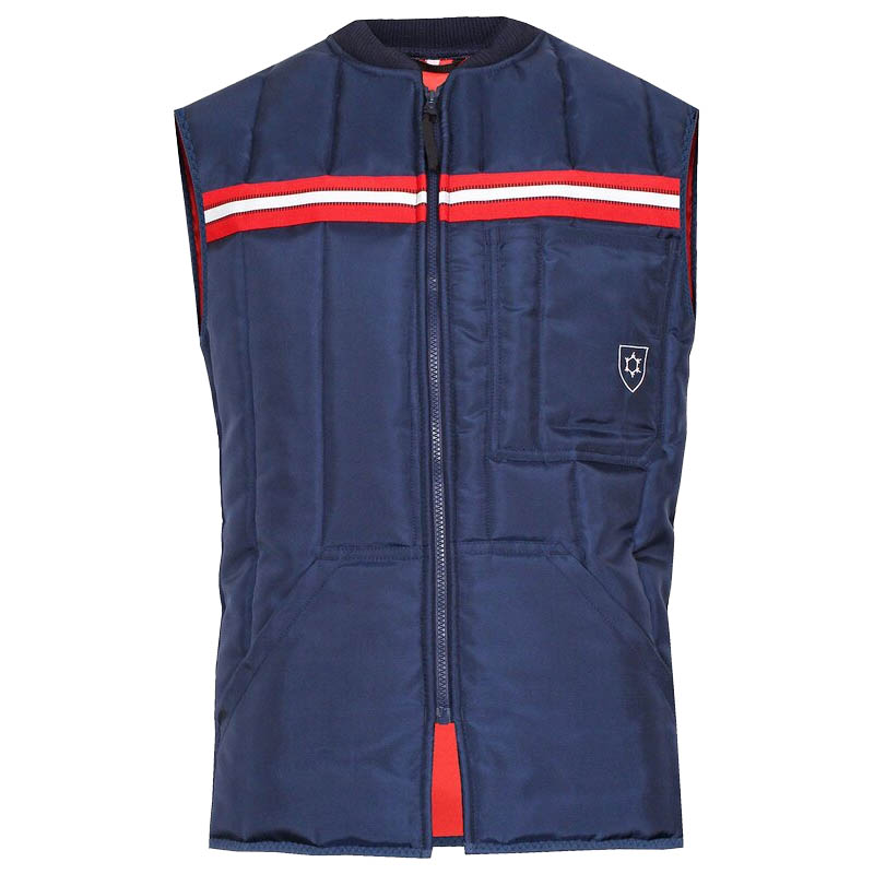 TEMPEX CLASSIC Kühlhaus Weste von HB Protective Wear in Navy, vorne mit Reißverschluss, Brusttasche und Reflexstreifen – EN 342 Kälteschutz für Kühlhaus, Logistik und Lebensmittelbereiche bei 0–10 °C