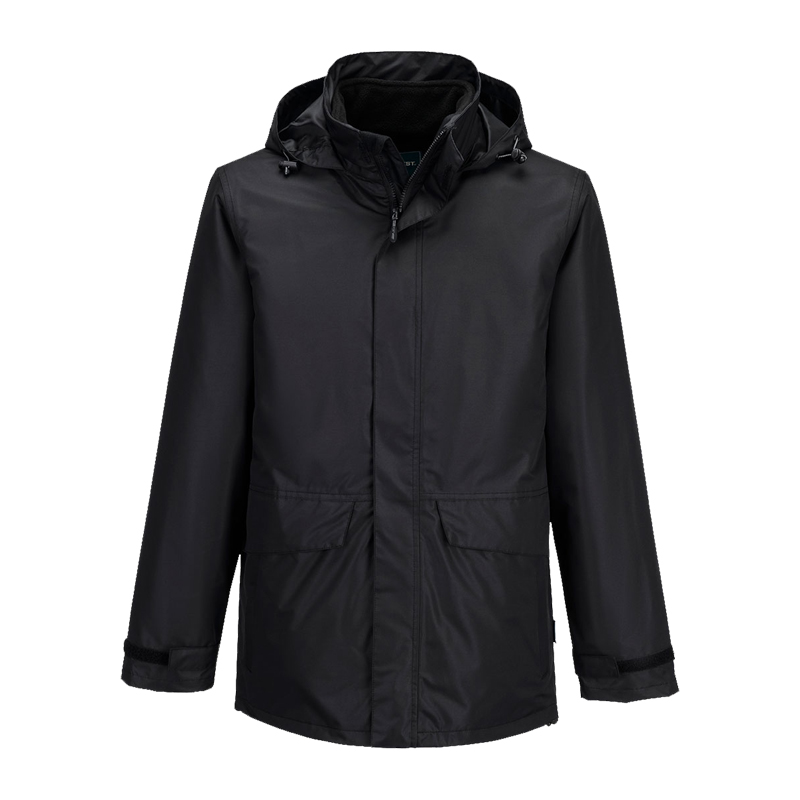 PortWest schwarze wetterfeste Jacke mit Kapuze, Reißverschluss und Taschen in Frontansicht