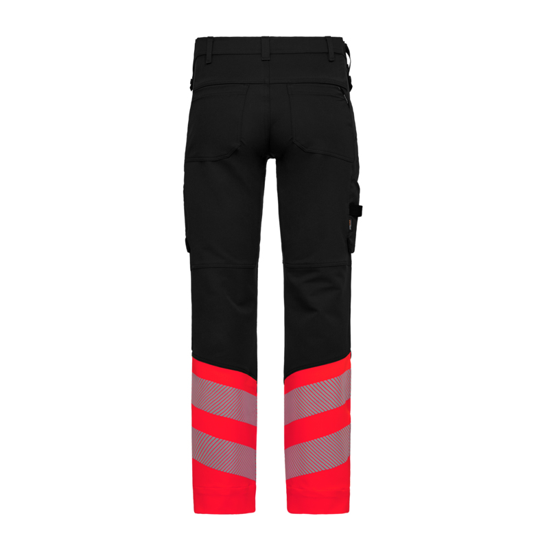 Rückansicht der ENGEL Safety Stretch Warnschutz Hose Klasse 1 2346-124 in Schwarz mit roten Beinabschlüssen und Reflexstreifen