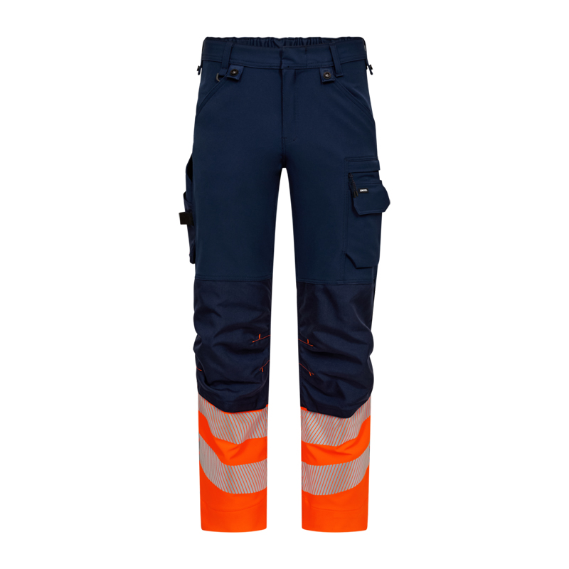 ENGEL Safety Stretch Warnschutz Hose Klasse 1 | 2346-124, marineblau mit orangefarbenen Beinabschlüssen und Reflexstreifen