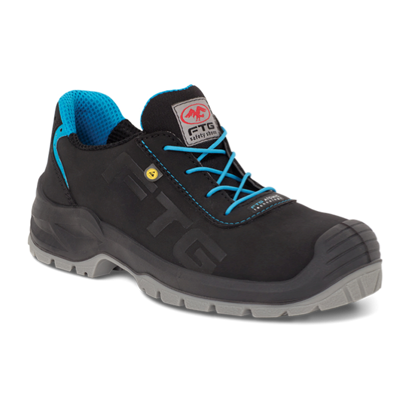 FTG JUNKERS S3S ESD Sicherheitsschuh metallfrei, schwarz aus wasserabweisendem Nubukleder mit blauen Schnürsenkeln und robuster Sohle, Professional Line