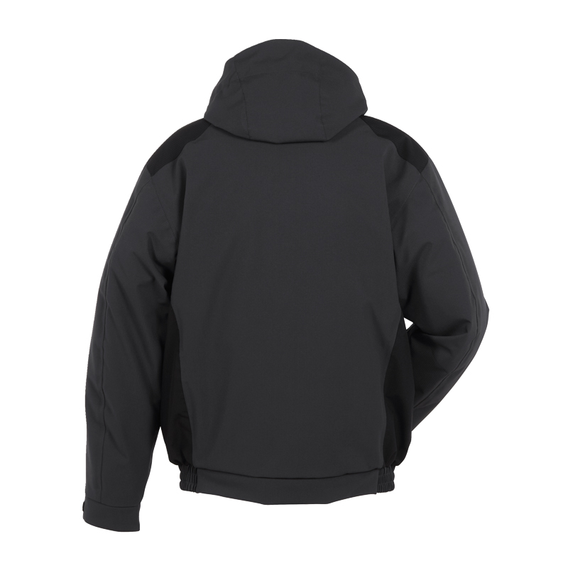 Rückansicht der Planam Moto Winterjacke wasserdichter Wetterschutz in Schwarz, robuste Winter-Arbeitsjacke mit Kapuze
