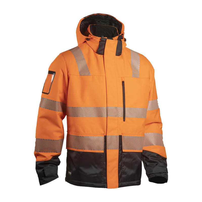 Dimex 6151R Winter Warnschutz Shell Jacke mit Kapuze Klasse 2, orange-schwarze Arbeitsjacke mit Reflexstreifen