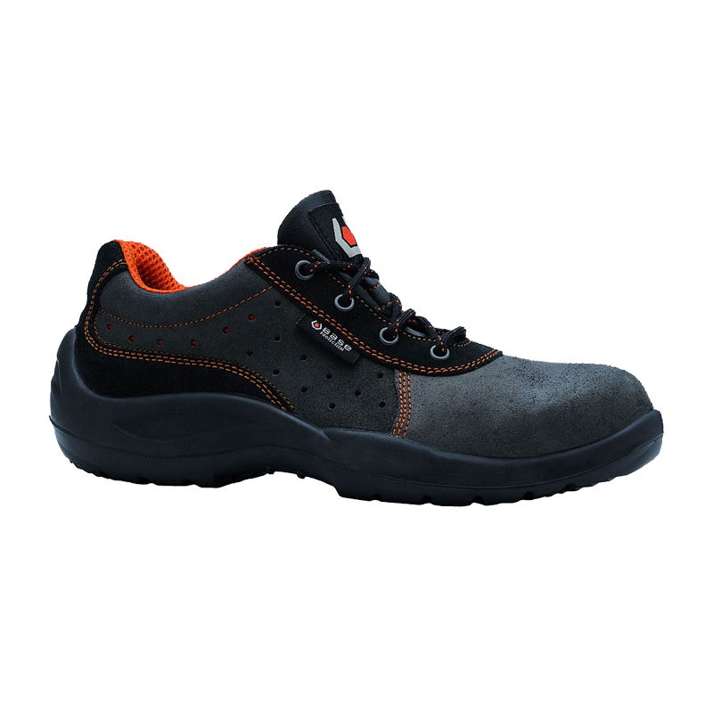BASE Franklin S1 Sicherheitsschuhe B0105, schwarzer und grauer Arbeitsschuh aus robustem Wildleder mit orangefarbenen Details und komfortabler Sohle