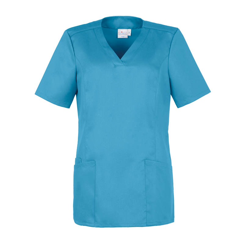 Leiber Schlupfkasack in Türkis, kurzärmelig mit V-Ausschnitt und aufgesetzten Taschen, ideal für Pflege, Medizin und Praxis