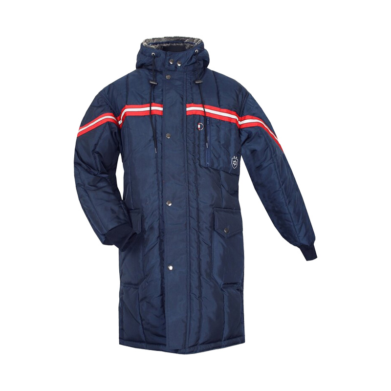 TEMPEX CLASSIC Gefrierhaus Besuchermantel von HB Protective Wear, dunkelblauer Kälteschutzmantel mit Kapuze, Reflexstreifen und Taschen für Einsätze im Kühlhaus bis -49 °C