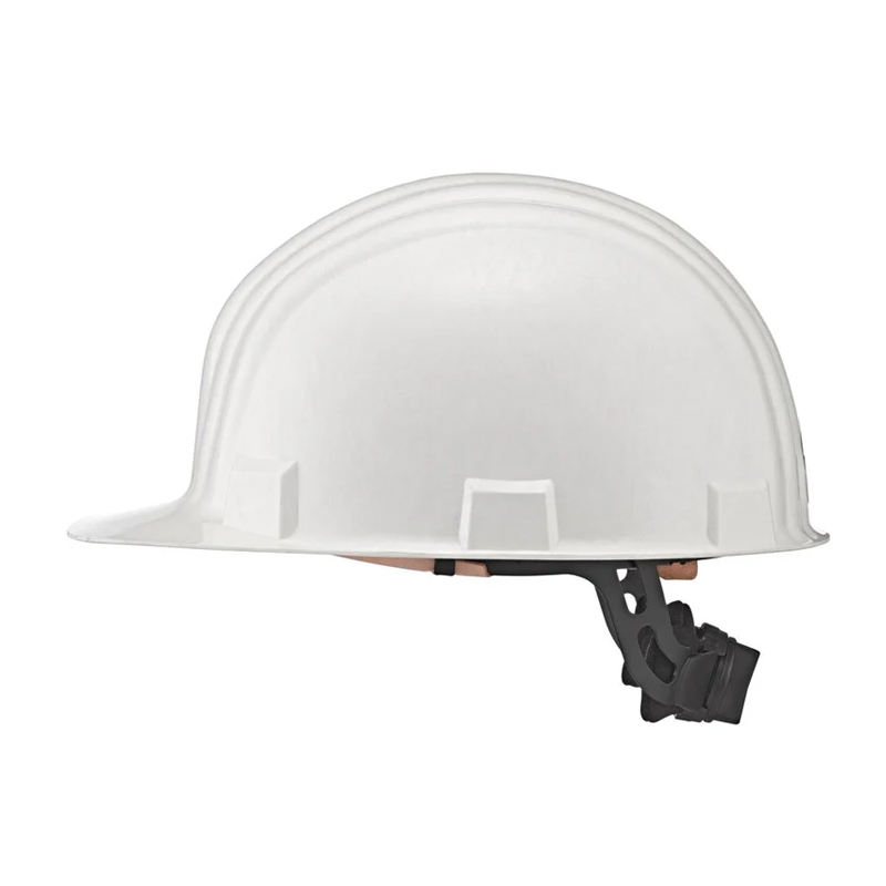 Weißer Schuberth Schutzhelm in Seitenansicht mit Nackenverstellung, robuster Arbeitshelm für sicheren Kopfschutz auf Baustelle und Industrie