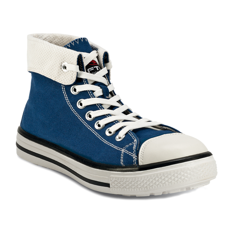 FTG Blues High S1P Sicherheitsstiefel aus blauer, verstärkter Baumwolle mit hohem Schaft und weißer Kappe, Turnschuh-Design der Music Line