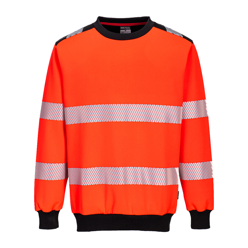 PortWest PW379 Warnschutz Sweatshirt Klasse 3 in leuchtendem Orange, frontale Ansicht mit schwarzen Kontrastbündchen und umlaufenden Reflexstreifen für Baustelle, Industrie und Verkehrsdienst