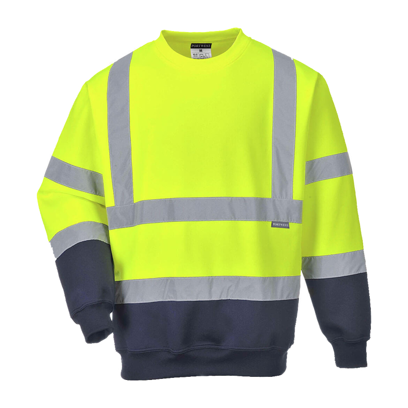 PortWest Warnschutz-Sweatshirt in leuchtgelb und navyblau mit rundum Reflexstreifen, langarm und ideal für sichere Arbeitskleidung
