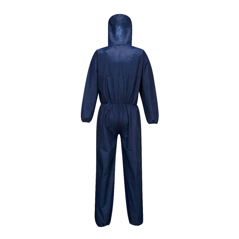 Rückansicht des PortWest ST30 Einweg Chemikalienschutz Overalls Typ 5+6 antistatisch in Blau mit Kapuze, 10er Pack