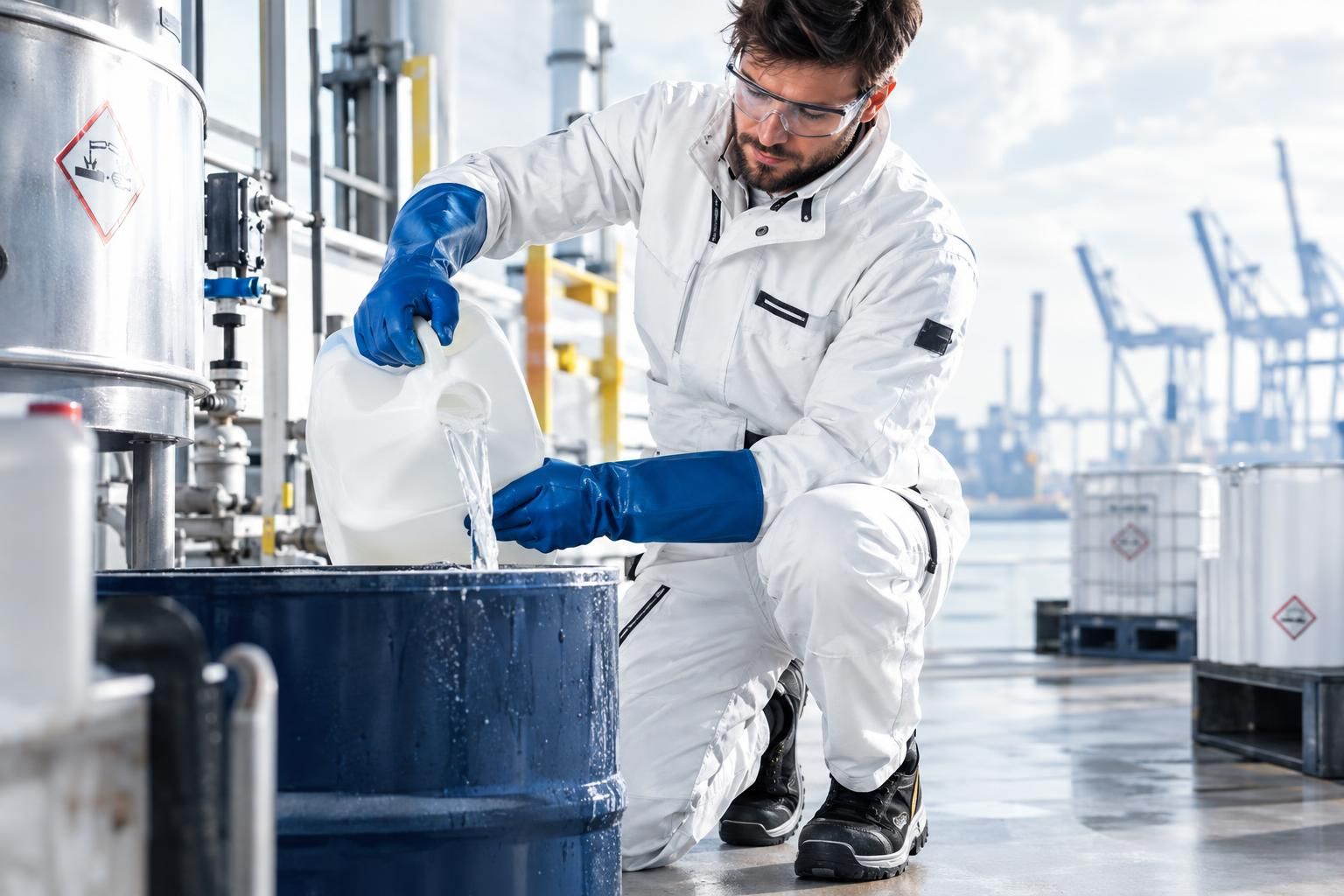 Industriearbeiter mit Schutzbrille, Chemikalienschutzanzug und langen Schutzhandschuhen gießt eine Flüssigkeit aus einem Kanister in ein Fass bei der Gefahrstoffhandhabung