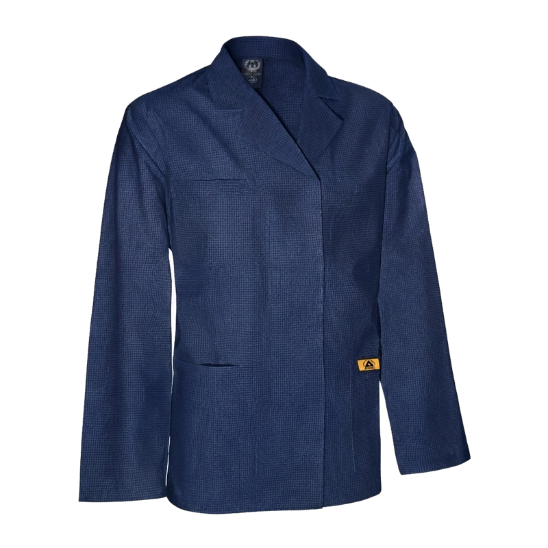 Blaue Mimoza ESD Jacke für EPA-Bereiche mit 10⁵ bis 10⁷ Ohm Ableitwiderstand, antistatische Arbeitsjacke nach EN 61340