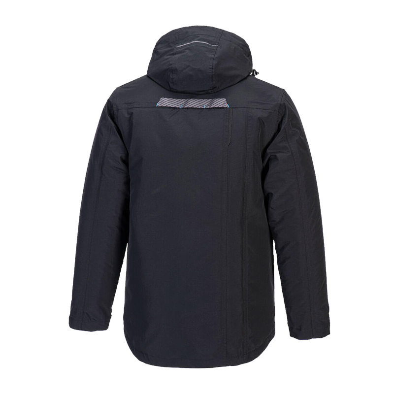 Rückansicht einer schwarzen PortWest Jacke mit Kapuze und reflektierendem Detail im Schulterbereich