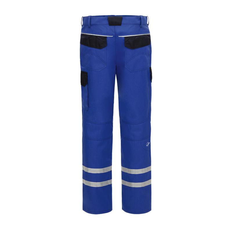 Rückansicht der blauen HB InoTec Nomex MultiNorm Hose 4 kA + 7 kA | APC2 von HB Protective Wear mit Reflexstreifen und Gesäßtaschen