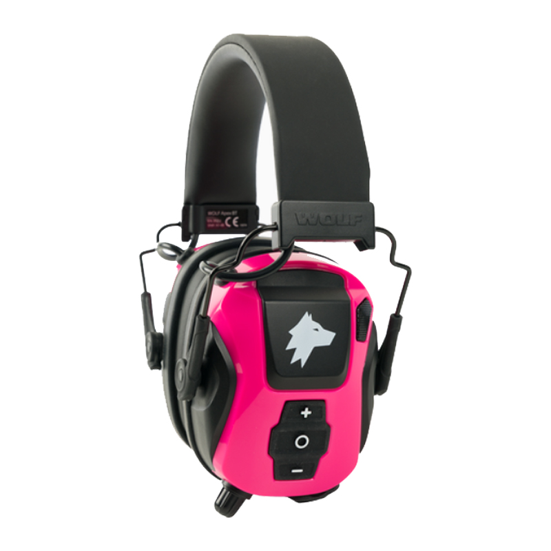 Elektronischer Kapselgehörschutz von Wolf Protection in Pink und Schwarz mit gepolstertem Kopfbügel und Bedientasten