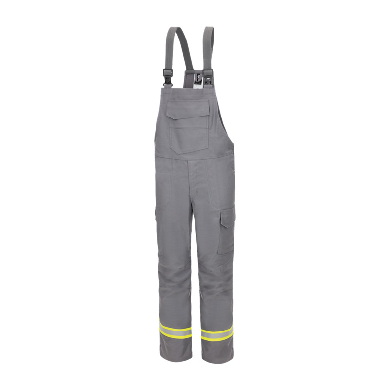 Graue HB Iron Pro Gießerei Latzhose gegen Eisenspritzer E3 von HB Protective Wear mit Brusttasche, Seitentasche und gelben Reflexstreifen als Schutzkleidung für Gießerei und hitzeintensive Arbeiten