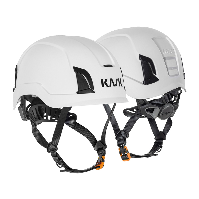 Zwei Ansichten des KASK ZENITH-X AIR Industriehelms EN 397 von Kask in Weiß mit Kinnriemen und Belüftung