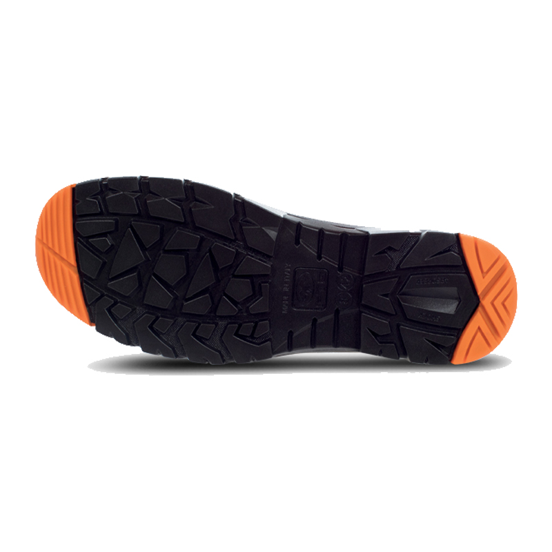 Unteransicht der Profilsohle des FTG Mercury S3 ESD Sicherheitsschuhs metallfrei aus der Gemini Line, schwarz mit orangefarbenen Grip-Zonen